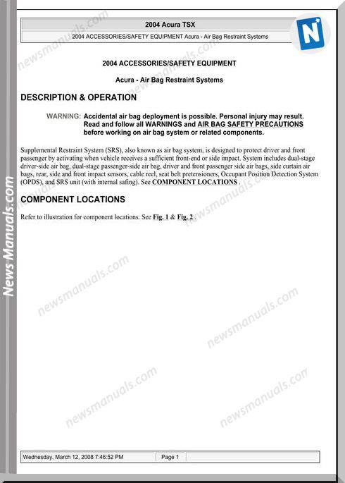 Acura Tsx Air Bag Restraint System Repair Manual 03-08