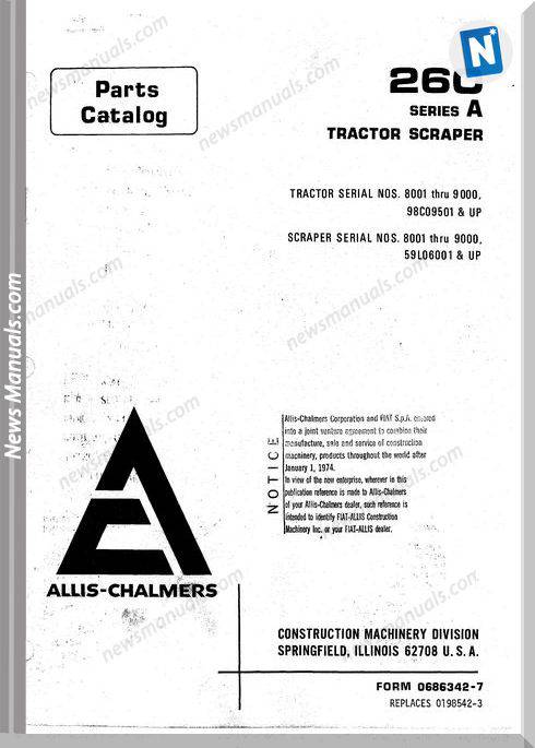 Allis Chalmers 260 Series A Tractor Scraper Part Manual