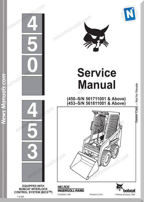 Bobcat 450 453 Skid Steer Loader 6724259 Service Manual