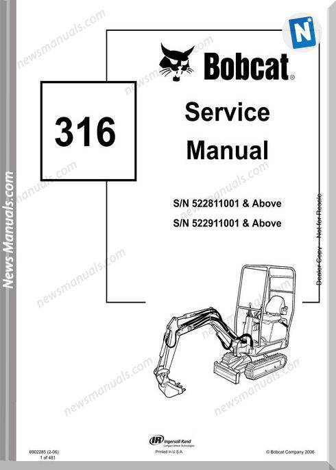 Bobcat Excavators 316 6902285 Service Manual 2 06