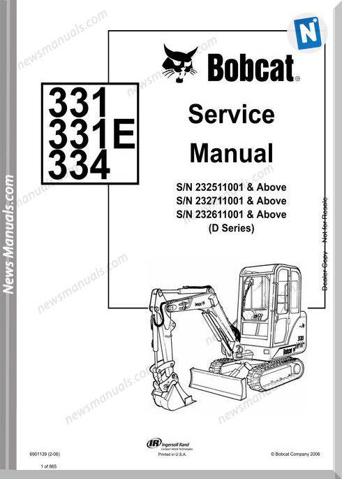 Bobcat Excavators 331 334 6901139 Service Manual 2 06