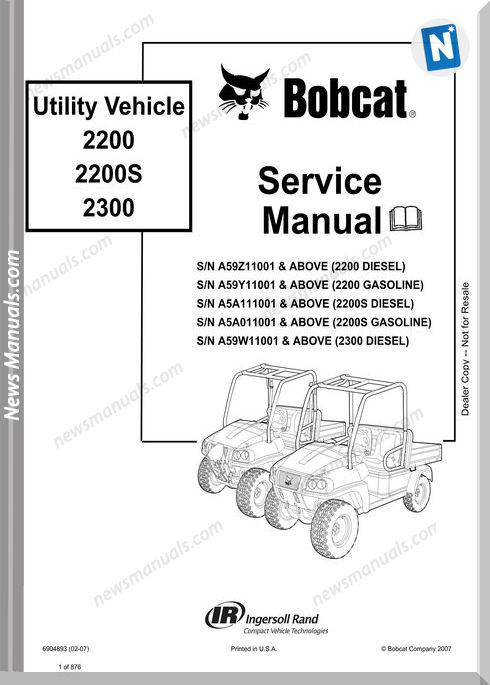 Bobcat Utility Vehicle 2200 2200S 2300 Service Manual