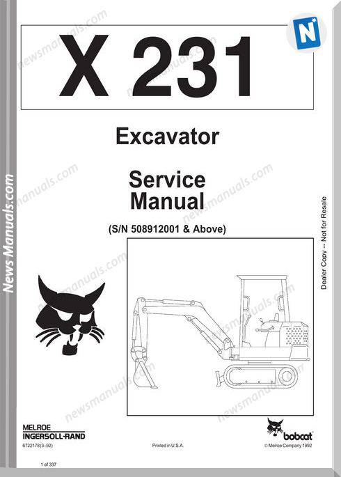 Bobcat X231 Excavator Service Manual Sn508912001