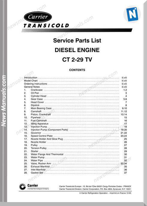 Carrier Ct2 29Tv Diesel Engine Service Parts List