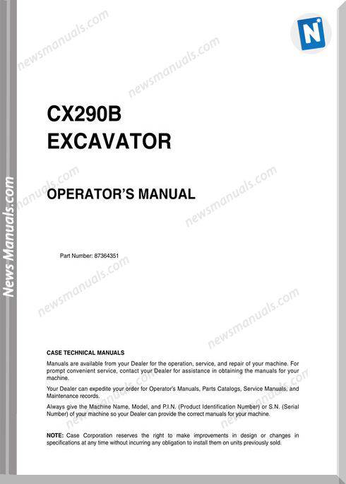 Case Excavator Cx290B Operators Manual