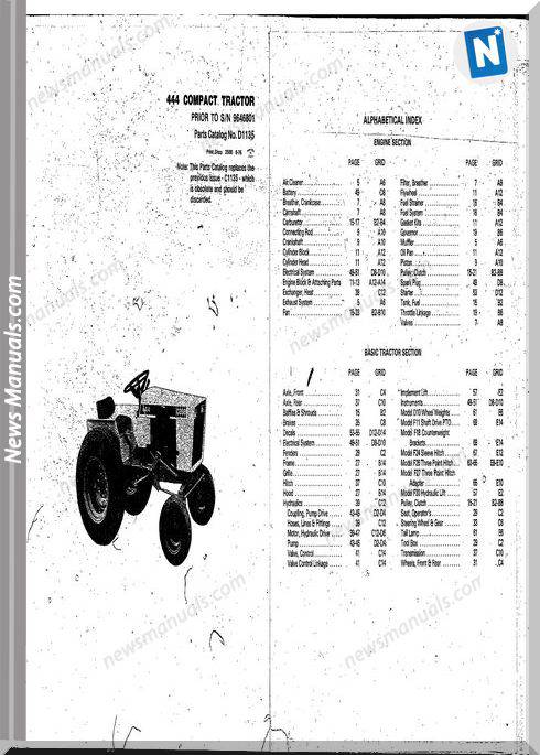 Case Ingersoll Tractor Model 444 (D1135) Parts Catalog