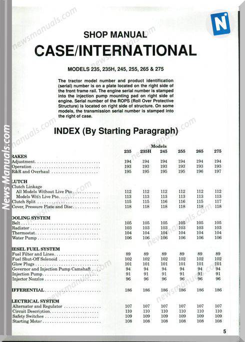 Case International 235 235H 245 255 265 275 Shop Manual