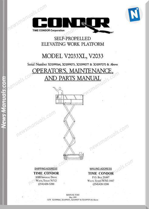 Condor Scissors Lift V2033Xl Sn 97070 Parts Book