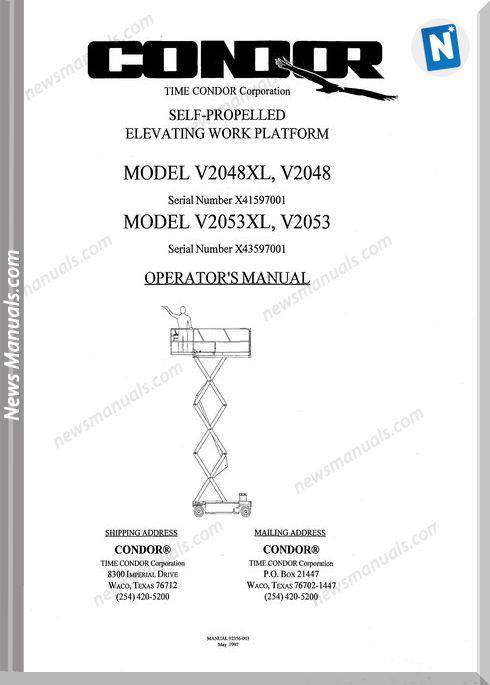 Condor Scissors Lift V2048Xl V2053Xl 92356 Parts Book