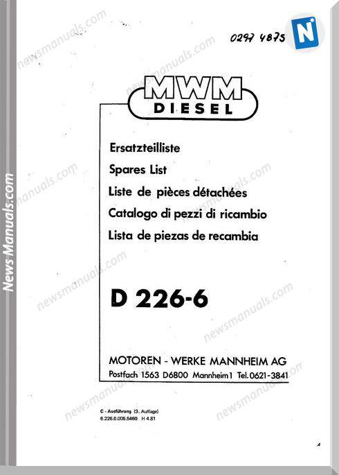 Deutz D 226 6 Spare Parts Catalogue