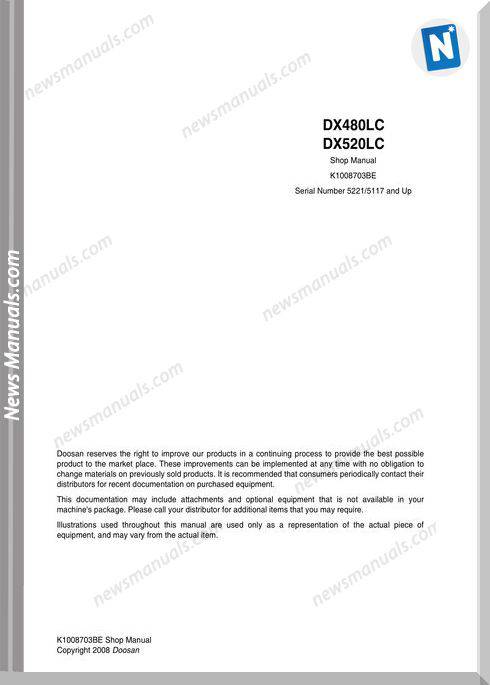 Doosan Crawled Excavators Dx480Lc Sn 5221Up Shop Manual