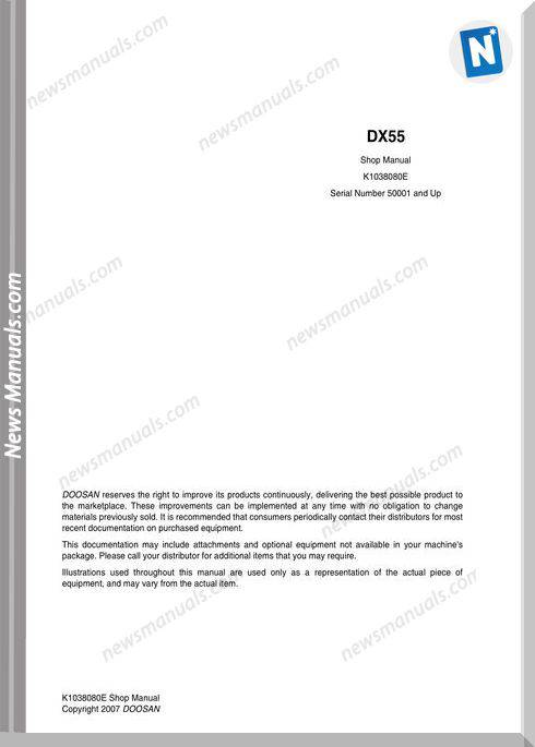 Doosan Crawler Excavator Dx 55 Shop Manual (K1038080E)