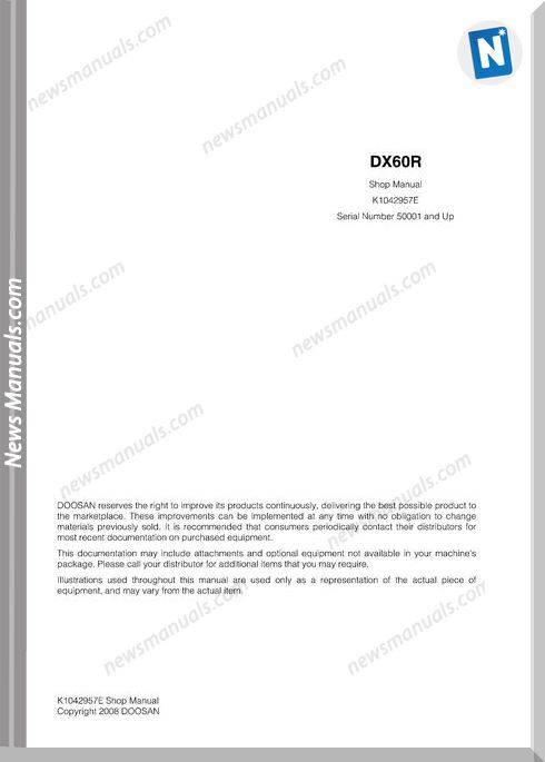 Doosan Crawler Excavator Dx 60R K1042957E Shop Manual