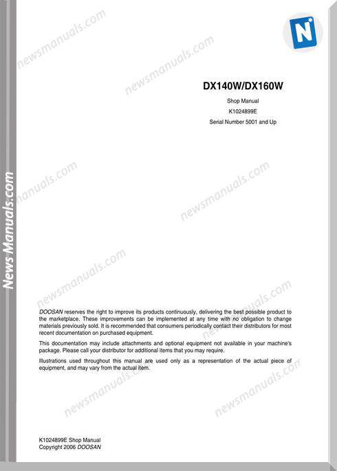 Doosan Crawler Excavator Dx140W-Dx160W Shop Manual