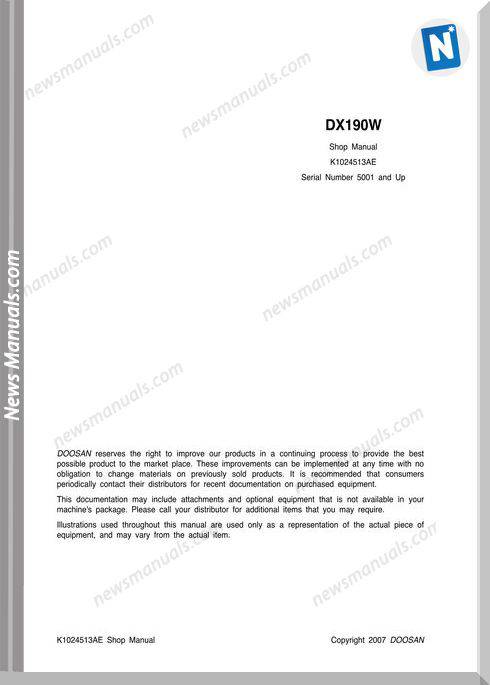 Doosan Crawler Excavator Dx190W K1024513Ae Shop Manual