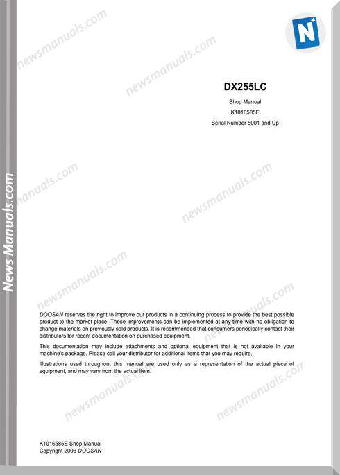 Doosan Crawler Excavator Dx255Lc K1016585E Shop Manual
