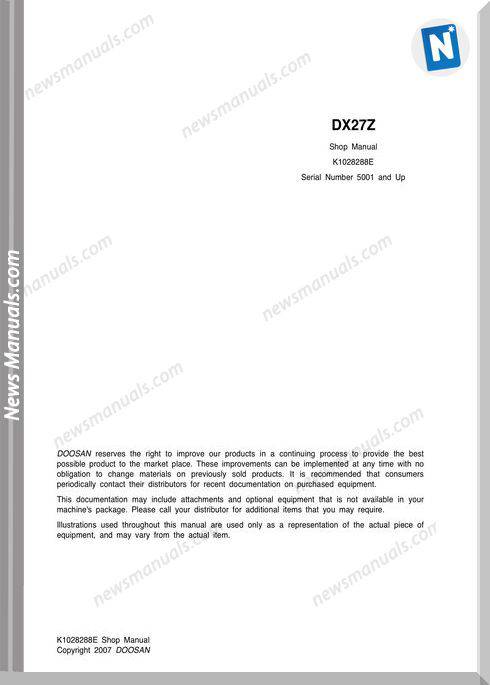 Doosan Crawler Excavator Dx27Z Shop Manual (K1025197E)