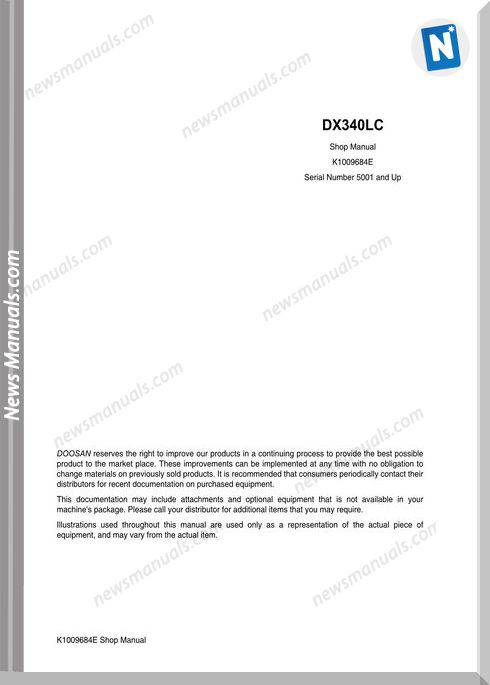 Doosan Crawler Excavator Dx340 Shop Manual (K1009684E)