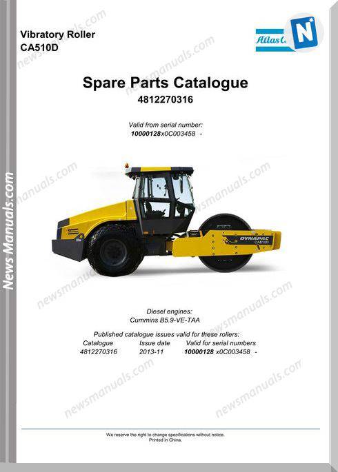 Dynapac Model Ca510D Vibratory Roller Parts Manuals