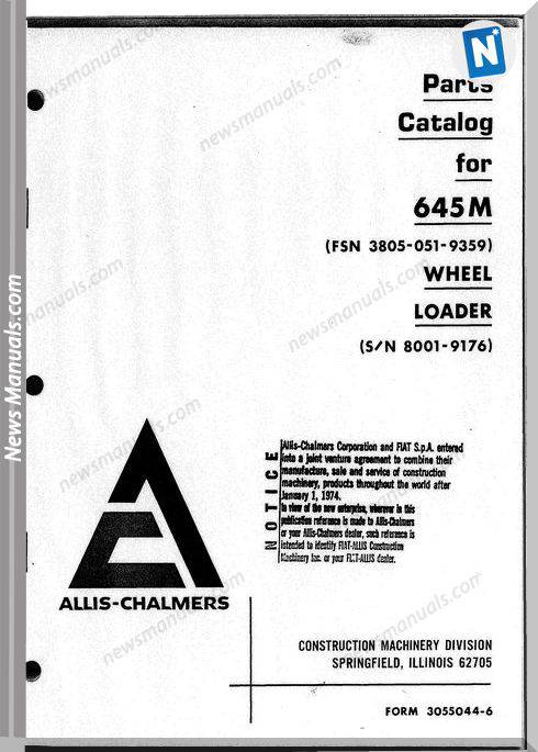 Fiat Allis Wheel Loader Model 645 Parts Catalog