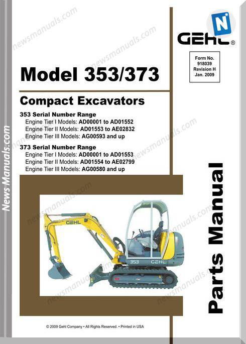Gehl 353 373 Compact Excavator Parts Manual 918039H