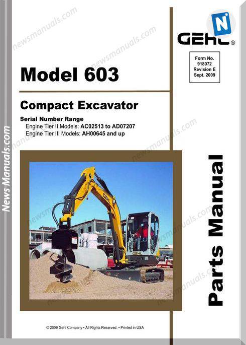 Gehl 603 Compact Excavator Parts Manual 918072E