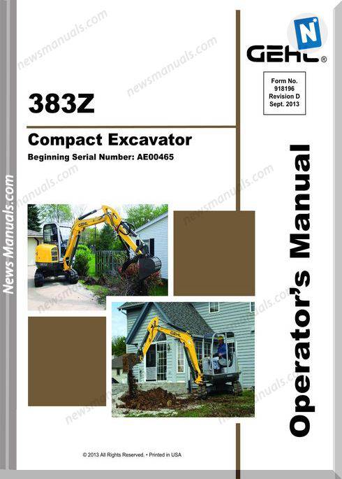 Gehl Compact Excavators 383Z Models Operator Manual