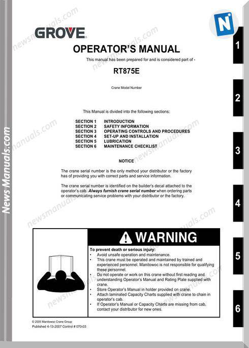 Grove Crane Rt875E Om Ctrl070-03 Operator Manual