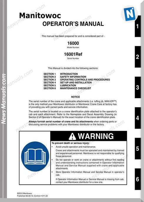 Grove Manitowoc Crawler Crane 16000 16001 Operators Manual