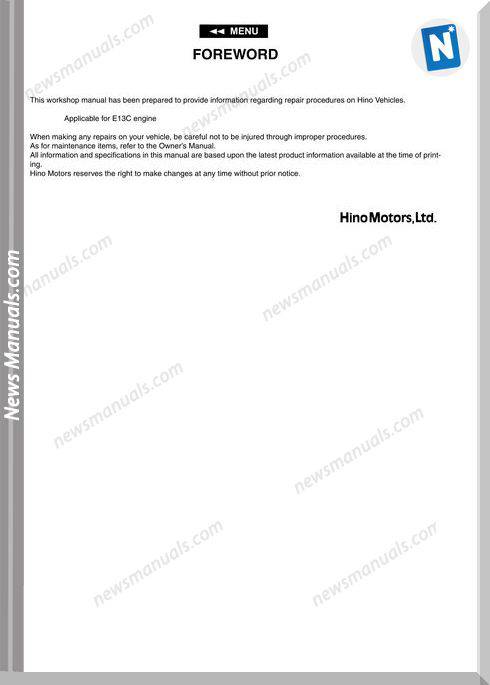 Hino 700 Motor E13C English Language Workshop Manual