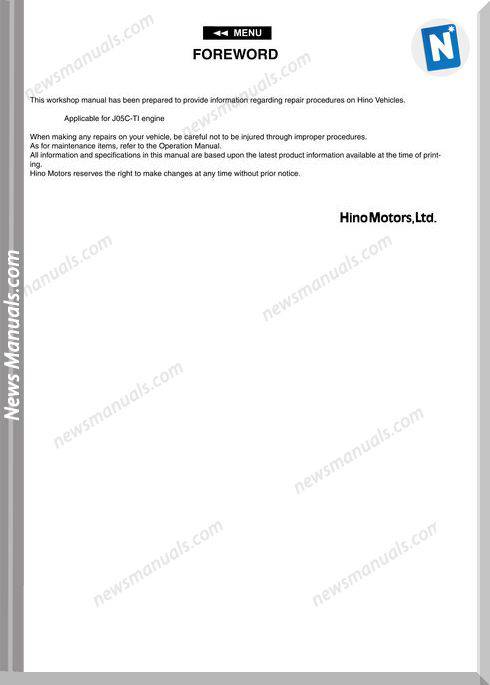 Hino Truck Engine J05C-Tc Service Manuals