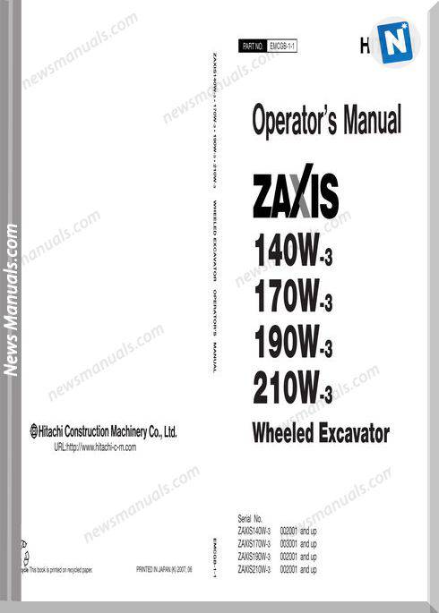 Hitachi Zaxis 140W 170W 190W 210W 3 Operators Manual