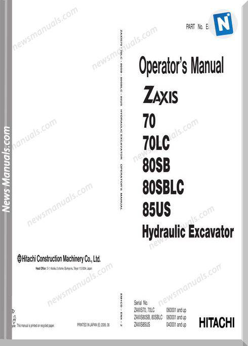 Hitachi Zaxis 70 70Lc 80Sb 80Sblc 85Us Operator Manual