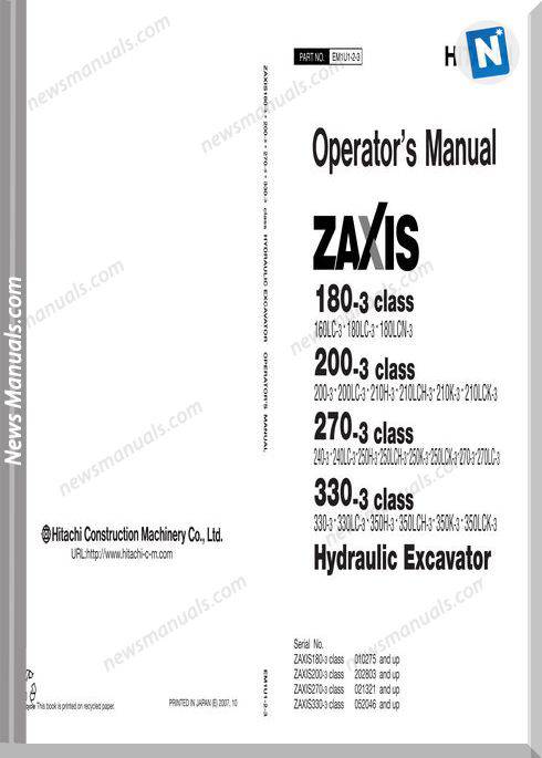 Hitachi Zw180,200,270,330-3 Excavator Operator Manual