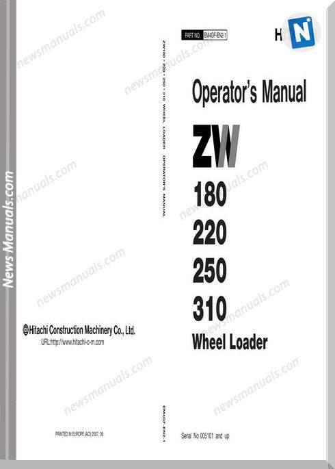 Hitachi Zw180,220,250,310 Wheel Loader Operator Manual