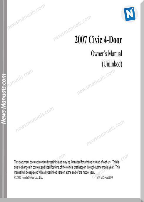 Honda 2007 Civic Sedan Owners Manual Unlinked