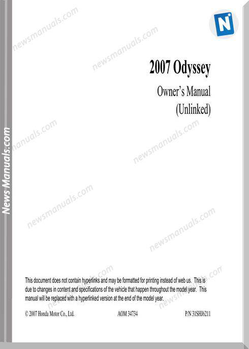 Honda 2007 Odyssey Owners Manual Unlinked