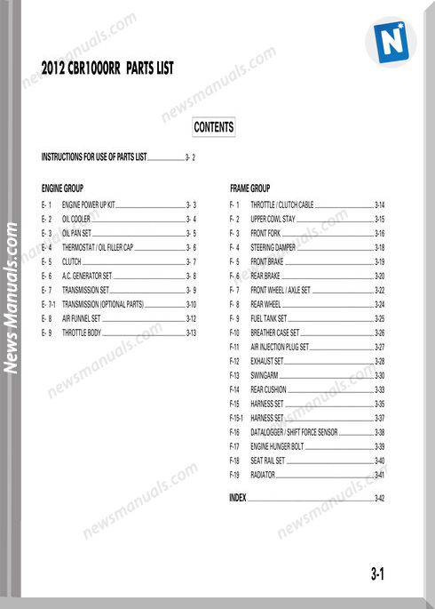 Honda 2012 Cbr1000Rr Parts List