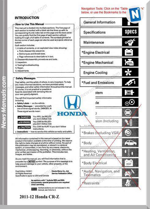Honda Crz Models 2011-2012 Year Service Manuals