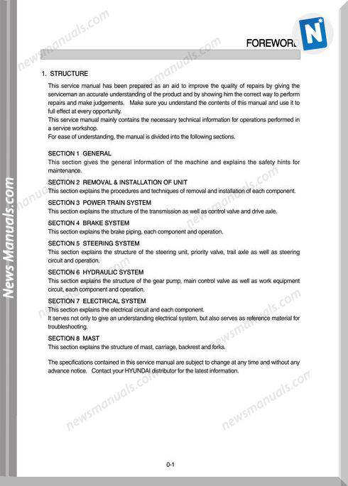Hyundai Forklift 300D-9 Models English Shop Manual