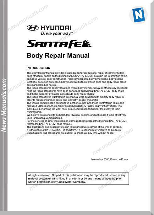 Hyundai Santafe Models 2005 Year Body Repair Manual