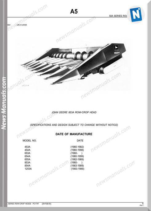 John Deere 853A Row-Crop Head Parts Catalog