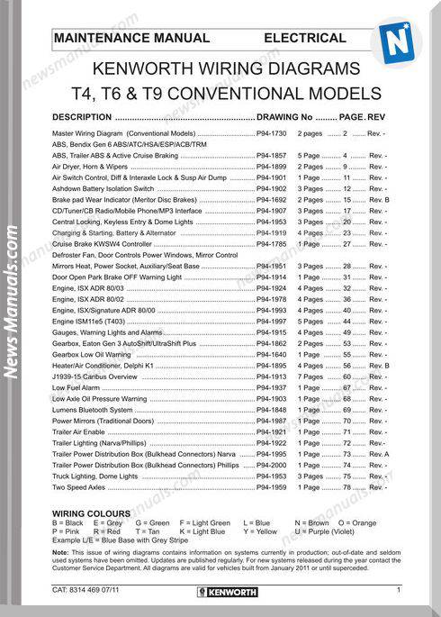 Kenworth Wiring Diagrams T4 T6 T9 Conventional Models