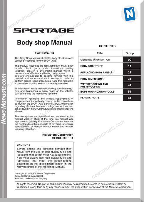 Kia Sportage 2004 Body Shop Manual