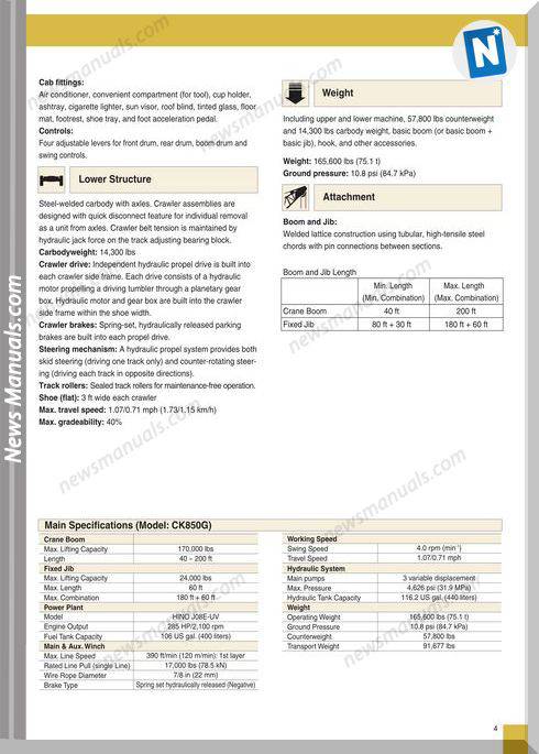 Kobelco Hydraulic Crawler Crane Ck850G Spec Book