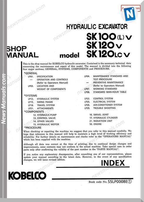 Kobelco Sk100L V Sk120 V Sk120Lc V Shop Manual S5Lp0008E Gb