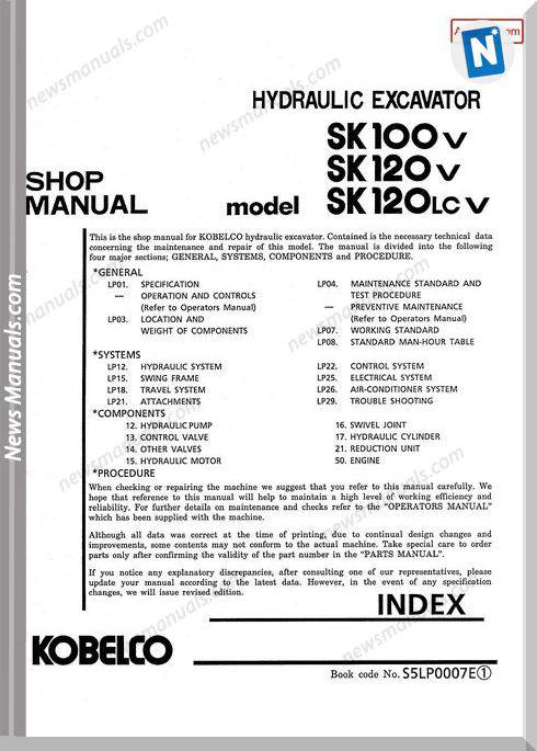 Kobelco Sk100V Sk120V Sk120Lcv Hydraulic Excavator S5Lp0007E