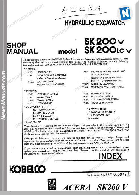 Kobelco Sk200V Lcv Hydrualic Excavator Shop Manual