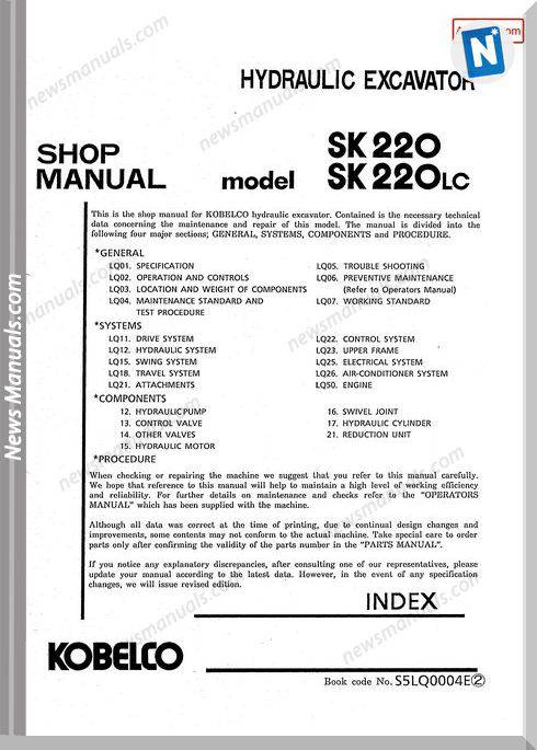 Kobelco Sk220 Sk220Lc Hydraulic Excavator No S5Lq0004E