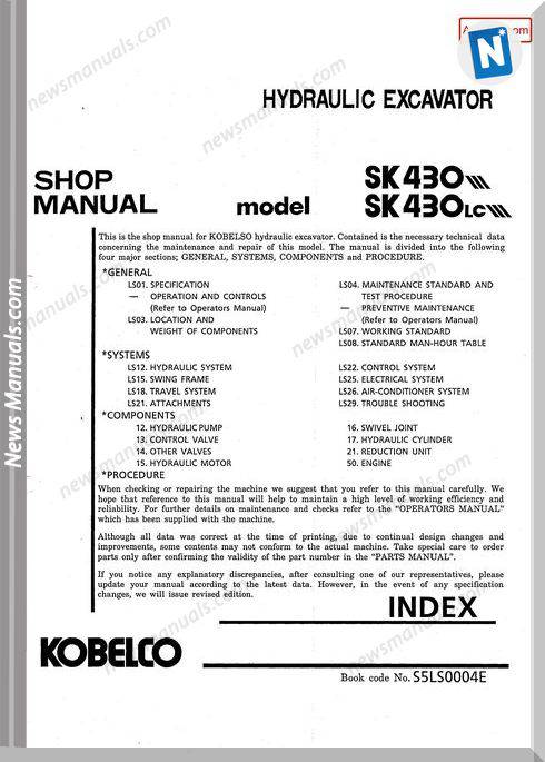 Kobelco Sk430 Iii Sk430Lc Iii Shop Manual S5Ls0004E Gb